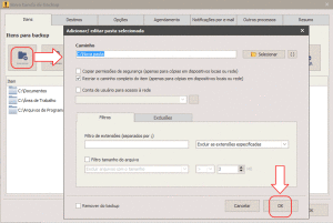 Adicione os arquivos e pastas que deseja incluir no backup