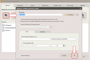 Aggiungere le cartelle e file di cui si vuole fare il backup 