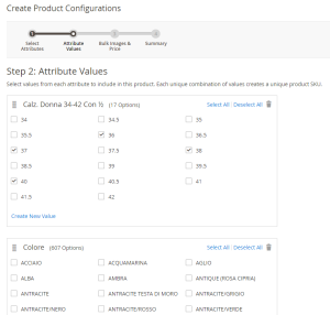 Selezione delle Configurable Option per generare le configurazioni del prodotto