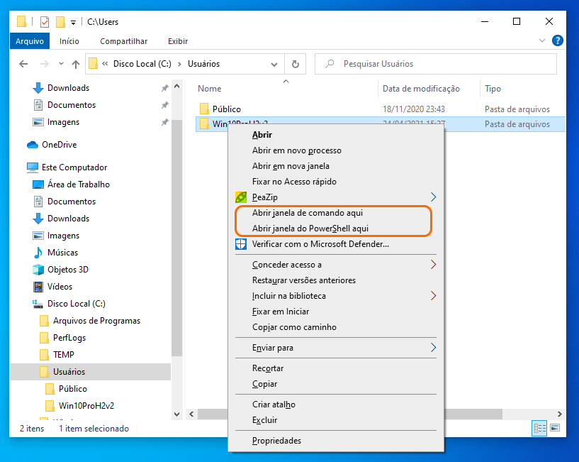 Apresentar 'Abrir janela de Comando aqui' no Explorer do Windows 10 e  executar como Administrador